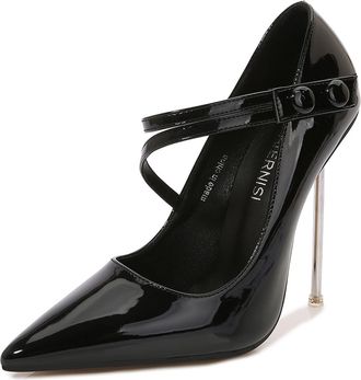 Generic Black,5.5 UK,Womens High Stiletto Heels with Double Ankle Straps 4.72 inch/12cm Patent Leather Pumps Pointy Closed Toe Slip-on Evening Party Dress Sho
