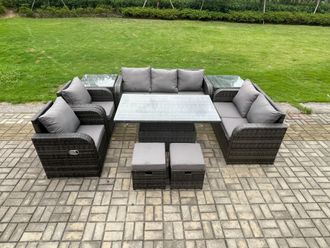 Fimous PE Rattan Outdoor Garden Furniture Sets Height Adjustable Rising lifting Dining Table Reclining Chair Sofa Set in Dark Grey