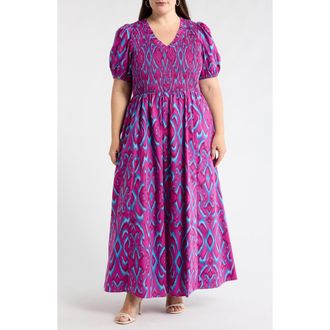 Sugarlips Ivani Abstract Brenty Smocked Maxi Dress in Magenta-Blue at Nordstrom, Size 1X