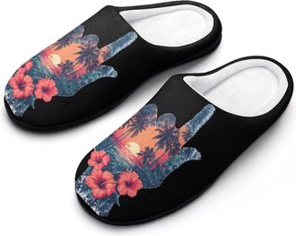 Generic Hawaii Hawaiian Love Hand Sign Mens Warm Slippers Non-Slip Sole Winter Rubber Cotton Shoes for Bedroom
