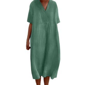 Generic Linen Dress for Women 2024 Sundress Plus Size Summer Dresses Oversized Casual Midi Dress Floral Printed Boho Dresses(00 Green,XX-Large)