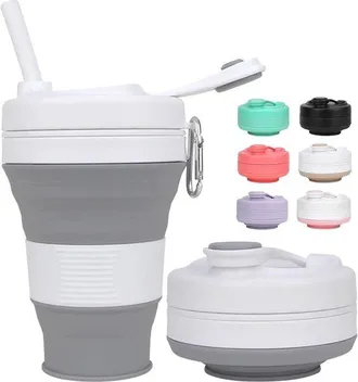 OEM Vaso Plegable - Taza De Viaje - Ideal Para Actividades Al Aire Libre - Con Tapa Y Pajita - 600 Ml - Gris