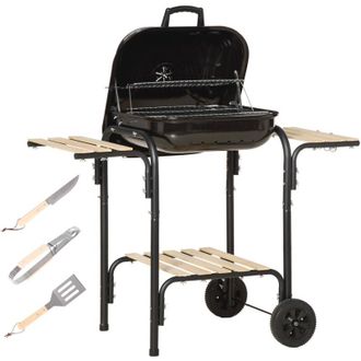 OUTSUNNY Barbecue a Carbonella con Coperchio e Ruote, Ripiani e Utensili Nero