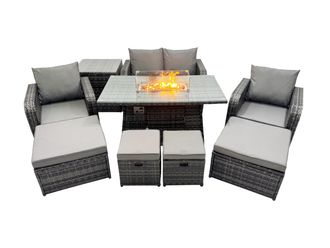 Fimous Garden Rattan Reclining Chair Love Sofa with 2 Big Stool in Dark Grey