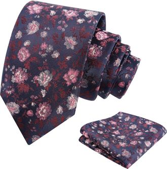 Alizeal Mens 8cm Floral Printed Wedding Party Classic Colorful Necktie with Hanky Set, Navy+Maroon+Pink