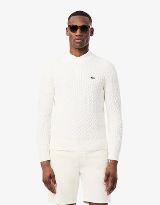 Lacoste Mens Lacoste Cable Knit Mens Cotton Jumper - Flour/Green - White - Size: 38