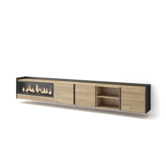 Skraut Home Mueble tv efecto madera roble negro 315x35x50cm chimenea efecto fuego