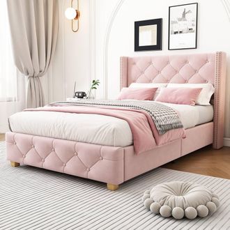 Matteo Pink Velvet Upholstered Single Bed Frame with Button Tufting & Rivets