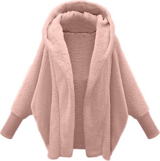 Generic Womens Oversized Fuzzy Fleece Hoodies Jacket Thick Warm Cozy Long Sleeve Open Front Shawl Collar Sherpa Lined Fleece Hooded Fall Winter Hooded Coat Te