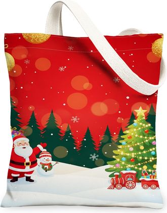 Generic Christmas Canvas Tote Bags, Festive Santa and Tree Pattern Reusable Grocery Bags, Winter Joyful Lightweight Washable Canvas, Red, 13x15 Inch