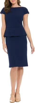 London Times Cap Sleeve Peplum Sheath Midi Dress in Maritime Navy at Nordstrom Rack, Size 14P