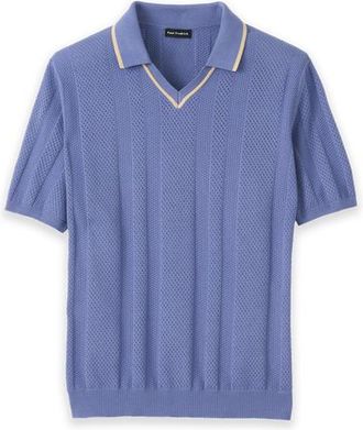 Paul Fredrick Cotton Crochet V-neck Polo in Blue at Nordstrom, Size Xx-Large