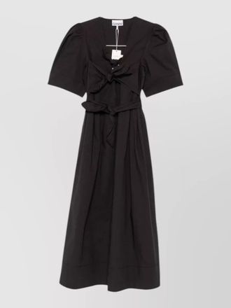 Ganni organic cotton midi dress puff sleeves bow