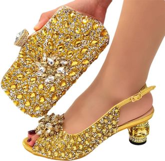 Generic Womens Stiletto High Heel Shoes and Leather Handmade Handbag Sets for Evening Party with Sparkly Rhinestone Flower Gold