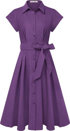 Grace Karin Womens Short Sleeve A-Line Midi Dresses Elegant Lapel Neck Boutons Tie Waist Shirt Dress for Work Wedding Purple L