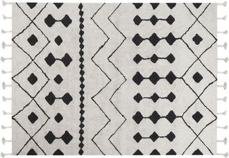 Beliani Alfombra De Algod&oacute;n Blanco Crema Negro 160 X 230 Cm Geom&eacute;trico Borlas Khemisset