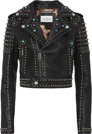 Philipp Plein Vintage Leren Cropped Bikerjack met Noppen - Dames - Leren en Su&egrave;de Jassen - Zwart - L - Leer - Jassen