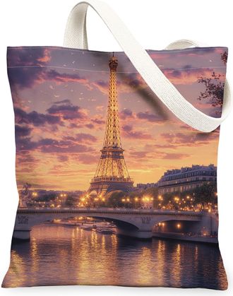 Generic Paris Canvas Tote Bags, Cityscape Art Pattern Reusable Grocery Bags, Summer Vintage Lightweight Washable Shoulder Strap Canvas for Travel Beach 13x15 