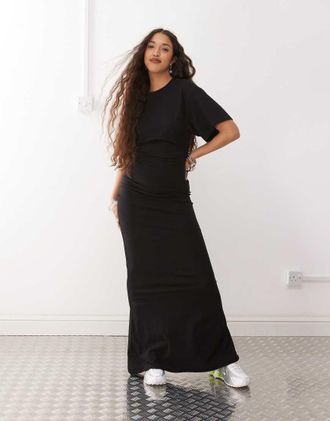 Weekday Vestito lungo in jersey con arricciature laterali nero