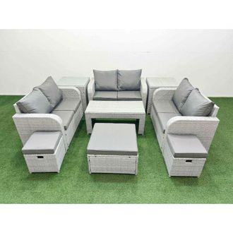 Fimous 9 Seater pe Wicker Rattan Furniture Sofa Sets with Oblong Coffee Table 2 Seater Love Sofa 3 Stool 2 Side Table Light Grey - Fimous