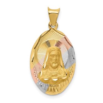 Diamond2Deal 14k Yellow Gold Rose White Rhodium Diamond-Cut Sagrado Corazon Oval Pendant