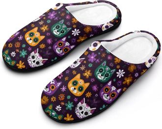Generic Cute Sugar Skull Cats Funny Mens Cotton Slippers Soft Non-Slip Rubber Sole House Slipper Indoor Outdoor