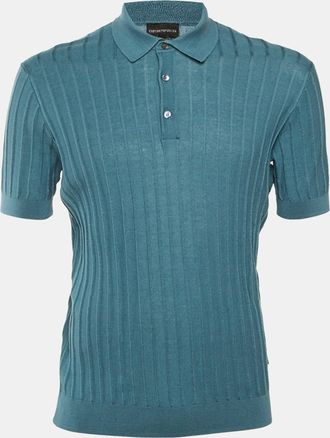 Emporio Armani Slate Blue Ribbed Knit Polo T-Shirt