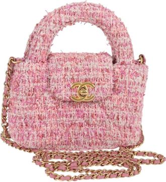 Chanel Kelly Top Handle Shopping Bag Quilted Tweed Pink Tweed Bag (Pre-Owned)