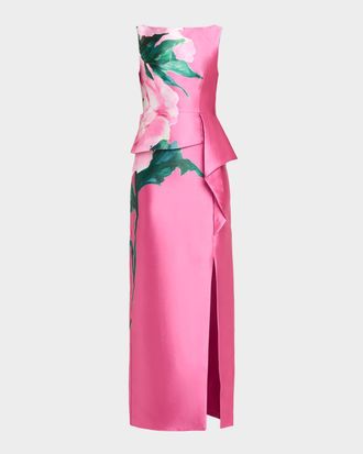 Kay Unger Luciana Floral-Print Mikado Column Gown