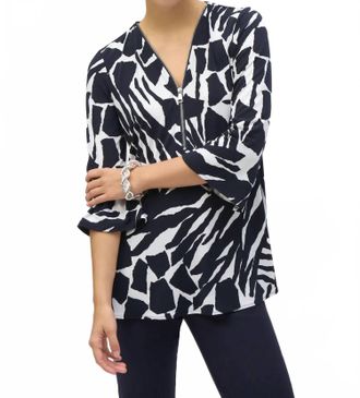 Joseph Ribkoff Bold Print Silky Knit 3/4 Flared Sleeve Tunic Top In Vanilla/midnight Blue