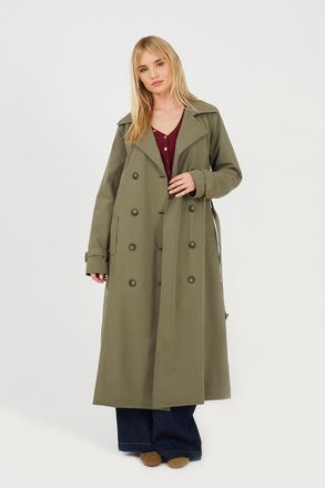 Brave Soul Womens Light Khaki Double-Breasted Longline Trench Coat - Size 16 UK
