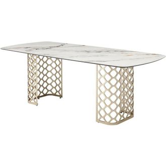 Vente-Unique Tavolo da pranzo 8 coperti in Vetro temperato e Ceramica Effetto marmo Bianco e Oro - GOLDENA