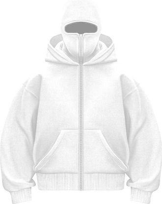 Generic Unisex Full Zip Balaclava Hoodie - Oversized Sweatshirt for Daily, Outdoor, Active Sports & Streetwear (White, XL)