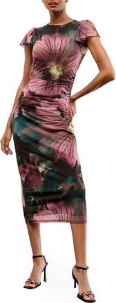 Lipsy Printed Ruched Mesh Body-Con Midi Dress in Purple/Black at Nordstrom, Size 10 Us