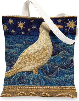 Generic Embroidered Canvas Tote Bag, Reusable Beach Bag, Lightweight Blue Bird Design Handbag 13x15 Inch