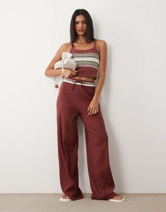 4th & Reckless Pantaloni a fondo ampio color cioccolato a coste con vita alta con coulisse in coordinato-Marrone