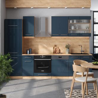 Vicco Mueble De Cocina Fame-line, Azul Oscuro Alto Brillo/roble Dorado, 300 Cm, Et M&aacute;rmol