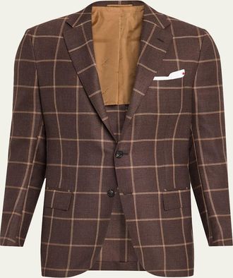 Kiton Mens Cashmere Windowpane Single-Breasted Sport Coat