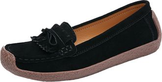 Generic Womens Classic Bowknot Loafers Soft Cow Suede Driving Casual Boat Flat Shoes for Everyday Fashion Comfort (Black, 4.5)