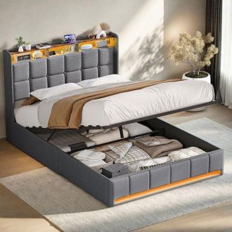 OEM Cama 160x200 Cm, Cama Con Arc&oacute;n Doble 160x200 Cm Con Somier De Lamas, Estructura De Cama, Arc&oacute;n De Almacenamiento Y Led, Tela De Lino, Gris
