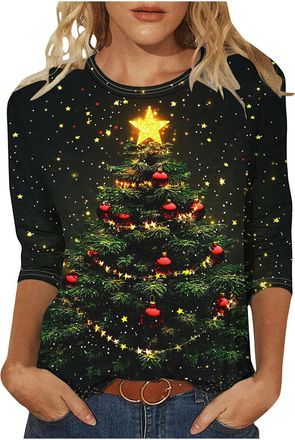 Generic Christmas Jumpers for Women UK 3/4 Sleeve Xmas Tree Printed Sweatshirt xmas jumpers for women uk Casual Crewneck Pullover Loose christmas Blouse xmas 