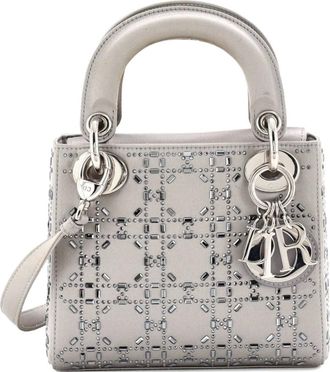Dior Borsa a tracolla Lady Dior mini in raso trapuntato con motivo Cannage e cristalli - Grigio