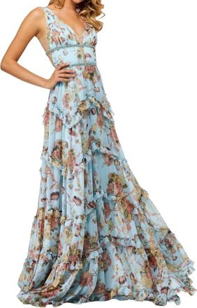 Sherri Hill Floral Chiffon Gown In Light Blue/multi