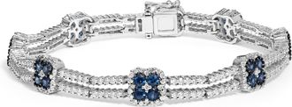House of Brilliance 18K White Gold 2 3/4 Cttw Diamond and 3x3MM Sapphire Double Row Link Bracelet