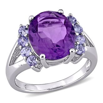 Amour 4 3/5 CT TGW Oval Cut Amethyst and Tanzanite Split Shank Ring In Sterling Silver