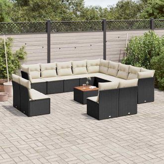 vidaXL Set De Sof&aacute;s De Jard&iacute;n Y Cojines 14 Pzas Rat&aacute;n Sint&eacute;tico Negro Vidaxl
