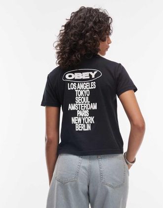 Obey T-shirt a maniche corte nera con stampa di citt&agrave; sul retro-Nero
