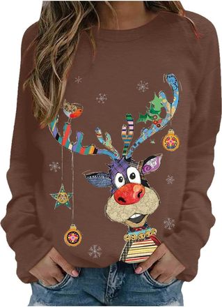Generic Christmas Jumpers for Women Long Sleeve Sweatshirts Xmas Tree Jumper Funny Wine Glass Reindeer Santa Claus Graphic Print Sweatshirt Novelty Merry Chri