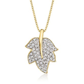 Ross-Simons Diamond Leaf Pendant Necklace in 18kt Gold Over Sterling