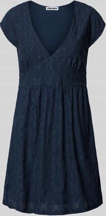Review Kurzes Kleid mit V-Ausschnitt, Lochstickerei und gro&szlig;er Schleife in Dunkelblau, Gr&ouml;&szlig;e XS